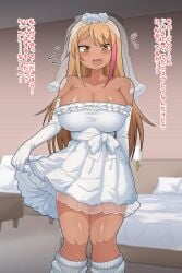 1girls big_breasts blonde_hair breasts clothed clothing dakkoku_jiro dark-skinned_female dark_skin female female_only fully_clothed gyaru human japanese_dialogue japanese_text standing tagme tan tanned_skin text translation_request wedding_dress yellow_hair