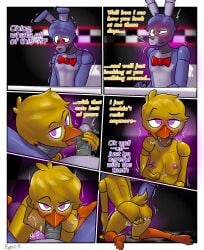 anthro ass avian beak bird bird_feet blush bodily_fluids bonnie_(fnaf) bow_tie breast_grab breast_squish breasts chica_(fnaf) chicken classic_chica_(fnaf) clitoral clitoris comic deepthroat dialogue duo feathers fellatio female five_nights_at_freddy's galliform gallus_(genus) genital_fluids genitals hand_on_breast handjob hi_res horny lagomorph leporid licking looking_pleasured male male/female mammal masturbation nervous nipples oral penile penis phasianid pussy pussy_juice rabbit rubbing_pussy saliva saliva_on_penis scottgames sex shaking shy squish sucking tail_feathers tongue tongue_out video_games yerolay