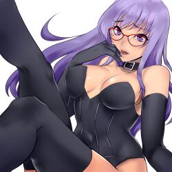 alternate_costume black_clothing black_gloves black_legwear black_leotard black_thighhighs blush cleavage collar elbow_gloves female female_only gintama glass glasses gloves legs_up leotard long_hair looking_at_viewer medium_breasts mole_under_eye nipple_bulge open_mouth purple_eyes purple_hair red-framed_glasses sarutobi_ayame solo tamachi_kuwa thighhighs