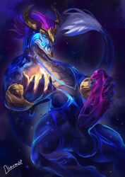 2022 anthro artist_name asian_mythology aurelion_sol balls bedroom_eyes biceps big_penis bioluminescence blue_body blue_eyes claws digital_media_(artwork) dragon east_asian_mythology eastern_dragon erection genitals glowing hair hi_res league_of_legends looking_at_viewer male male_only masturbation muscular muscular_thighs mythology narrowed_eyes night nude obaum penis presenting presenting_penis riot_games scalie seductive signature solo space triceps vein veiny_penis video_games