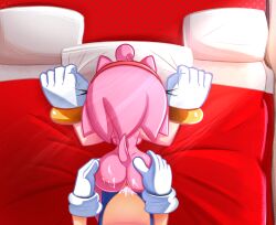 absurd_res after_sex amy_rose anthro ass bed blue_body bluebutterz doggy_style female feral from_behind_position furniture hi_res male male/female nipples pink_nipples rear_view sega sex sonic_(series) sonic_the_hedgehog