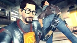 1boy 1boy1girl 1girls alyx_vance beard beard_stubble brown_hair clothed dark-skinned_female female from_behind glasses gordon_freeman green_eyes half-life half-life_2 hev_suit holding_ass jeans looking_at_viewer looking_back male peace_sign presenting_hindquarters selfie sfm short_hair smile smirk soulddark tagme taking_picture taking_selfie v valve valve_(company)