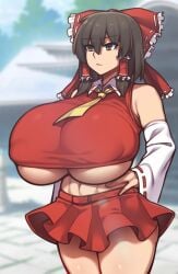 1girls bare_shoulders big_breasts breasts brown_eyes brown_hair cleavage clothed clothing dekapaiyukari female female_only hakurei_reimu hazel_eyes huge_breasts large_breasts navel nipple_bulge reimu_hakurei skirt solo solo_female steam thick_thighs touhou underboob voluptuous