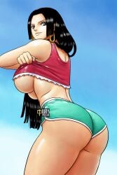 1girls ass big_ass big_breasts black_hair bloomers blue_eyes boa_hancock breasts eye_contact female female_focus female_only gym_shorts iury_padilha long_hair looking_at_viewer one_piece shorts solo solo_female standing thick_thighs thighs undressing