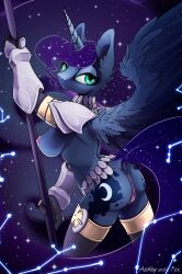 absurd_res alicorn anthro anus areola ashley-arctic-fox ass breasts clothing constellation cutie_mark dock equid equine female friendship_is_magic genitals gloves handwear hasbro hi_res horn lidded_eyes looking_at_viewer looking_back mammal my_little_pony nipples nude princess_luna_(mlp) pussy raised_tail side_boob solo spread_wings staff thick_thighs valkyrie wings