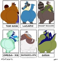 >:d 1pokemon 6boys animal_crossing anthro anthro_only badger badgerclops black_eyes blue_body blue_eyes blue_fur bottomless bottomless_anthro bottomless_male brown_hair canine cartoon_network completely_nude completely_nude_male dragon_ball eyepatch fighting_type game_freak giran giras green_body guardians_of_the_galaxy half-closed_eyes huge_ass looking_at_viewer lucario male male_only mammal mao_mao:_heroes_of_pure_heart marvel megacoolbear_(artist) multicolored_body multicolored_fur mustelid nintendo nude nude_anthro nude_male omega-xis pokemon pokemon_(species) raccoon red_sclera rocket_raccoon sharp_teeth six_fanarts_challenge smile steel_type striped_tail tail tanuki teeth_showing tom_nook white_background white_fur wings yellow_gloves yellow_sclera