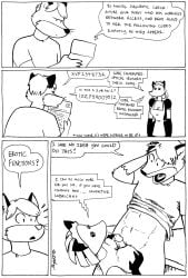 black_and_white canid canine canis clothing comic cybernetics cyborg female fox hi_res humor jackal machine maid_uniform male mammal monochrome robot sex tegerio uniform