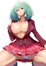 ahoge backlighting cameltoe closed_mouth earrings female gradient gradient_hair green_eyes green_hair hair_between_eyes highres ikkitousen jewelry long_hair magatama magatama_earrings multicolored_hair panties pink_skirt plaid plaid_skirt ryofu_housen sakusakusakurai shiny shiny_skin single_earring skirt smile solo spread_legs twintails underwear white_background white_panties