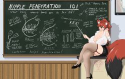 animal_ears blackboard classroom female_only fox_ears fox_girl fox_tail large_breasts mamoru_sora niplfkker nipple_penetration nipple_plugs teacher unbuttoned unbuttoned_shirt