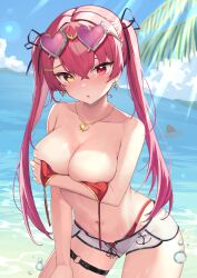 :o bangs bare_shoulders bikini blush breasts cleavage cloud commentary_request dolphin_shorts earrings eyewear_on_head female glasses hair_ribbon heart_glasses heterochromia highres hololive hololive_fantasy hololive_japan houshou_marine jewelry large_breasts long_hair looking_at_viewer navel necklace ocean oritonagi red_bikini red_eyes red_hair ribbon short_shorts shorts sky solo sunglasses sunglasses_on_head swimsuit thigh_strap twintails untied_bra virtual_youtuber water yellow_eyes