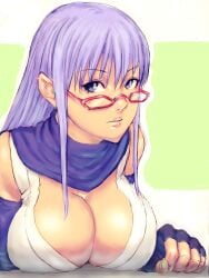 2009 big_breasts breast_rest cleavage elbow_gloves female female_only fingerless_gloves fumio_(rsqkr) gintama glasses gloves japanese_clothes kunoichi lavender_hair long_hair looking_back mole_under_eye open_clothes purple_eyes purple_hair red-framed_glasses sarutobi_ayame scarf solo upper_body