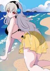 1girls alternate_costume beach bikini black_bikini black_swimsuit corrin_(fire_emblem) corrin_(fire_emblem)_(female) fe135700 female female_only fire_emblem fire_emblem_fates grey_hair long_hair nintendo ocean outdoors red_eyes see-through smile solo swimsuit