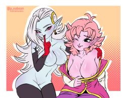 2d big_breasts blue-skinned_female blue_skin chronoa cleavage dragon_ball dragon_ball_heroes dragon_ball_super dragon_ball_xenoverse dragon_ball_z earrings exposed_breasts exposed_pussy eyeshadow finger_on_lip leggings peabean pink-skinned_female pink_skin potara_earrings tongue_out towa white_hair