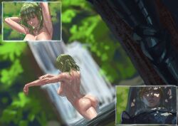 alternate_costume alternate_hairstyle armpits arms_up bathing byleth_(fire_emblem) byleth_(fire_emblem)_(female) chestnut_ann dimitri_alexandre_blaiddyd enlightened_byleth_(female) fire_emblem fire_emblem:_three_houses fire_emblem_warriors:_three_hopes forest large_breasts nature nintendo nude nude_female official_alternate_costume official_alternate_hairstyle outdoors showering voyeur wakipai watching water water_drop_breasts waterfall wet wet_skin