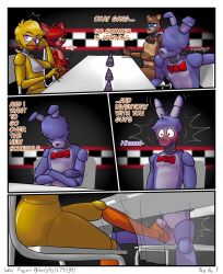 anthro avian bird bird_feet bonnie_(fnaf) bored canid canine chica_(fnaf) chicken classic_chica_(fnaf) clothing comic feet feet_on_balls female five_nights_at_freddy's foot_fetish foot_play footjob fox foxy_(fnaf) freddy_(fnaf) furniture galliform gallus_(genus) group hat headgear headwear hi_res lagomorph leporid male male/female mammal meeting party_hat phasianid public rabbit scottgames sex shocked table tablecloth tired ursid video_games yerolay