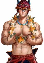 abs animal_ears bandage_on_nose big_boy big_pecs blush greentea grin happy_trail league_of_legends lei looking_at_viewer male male_only muscular muscular_male pecs ponytail pool_party_series pool_party_sett red_hair scars sett smile smirk solo sunglasses_on_head sweat swimwear tattoo tattoos thick_eyebrows topless topless_male two_tone_hair wet_skin whistle_around_neck yellow_eyes