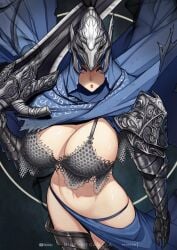 1girls armor artorias_the_abysswalker big_breasts bikini_armor black_bra bra breasts busty cape chainmail cleavage cloak cowl dark_souls female female_knight female_only fromsoftware genderswap_(mtf) helmet hi_res hood huge_breasts knight light-skinned_female looking_at_viewer midriff mikeymegamega navel purple_eyes rule_63 skimpy_clothes solo sword voluptuous warrior weapon