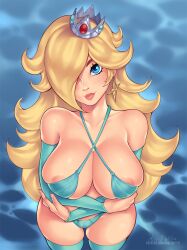 1girls ange1witch arm_warmers big_breasts bikini blonde_hair blue_eyes bra breasts crown earrings female female_only hair_over_one_eye large_breasts light-skinned_female light_skin lips lipstick long_hair looking_at_viewer mario_(series) nintendo panties platinum_blonde_hair princess_rosalina solo star_earrings stockings thick thick_hips thick_thighs thighhighs wide_hips