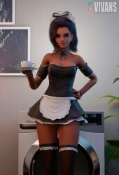 3d alternate_costume alternate_hairstyle blender breasts coffee coffee_cup coffee_mug female female_only latina looking_at_viewer maid maid_outfit maid_uniform mexican nipples no_bra no_panties overwatch purple_eyes purple_hair sombra stockings tights vivans washing_machine