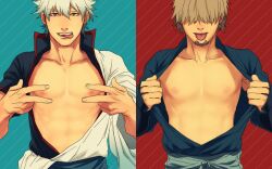 2boys abs bare_chest blue_background brown_hair double_v facial_hair gintama gintoki_sakata goatee hair_over_eyes hattori_zenzou kimono looking_at_viewer male male_only open_clothes open_kimono open_shirt red_background silver_hair smile squip toned toned_male tongue_out v