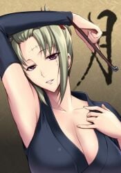 arm_up armpit big_breasts blonde_hair cleavage detached_sleeves facial_scar female female_only gintama hair_ornament half-closed_eyes ishigaki_takashi kimono kiseru looking_at_viewer parted_lips pipe purple_eyes scar smoking solo tied_hair tsukuyo upper_body