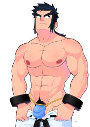 1boy abs angry balls bara big_pecs black_hair blue_thong blue_underwear bottomwear bottomwear_only bracelets briefs bruno_(pokemon) bulge charlie_tooga erect_penis erection huge_pecs human human_only long_hair long_hair_male looking_away male male_chest male_focus male_only male_thong muscular muscular_male nintendo nipples pants_down pants_only pecs pectorals penis pokemon pokemon_rgby pubes pubic_hair solo solo_focus solo_male thick_eyebrows thong tied_hair topless underwear undressing veiny_penis white_background