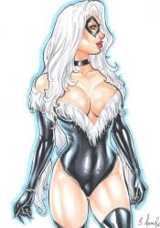 1girls big_breasts black_cat_(marvel) bruna_monreal ed_benes_studio felicia_hardy female female_only latex_gloves latex_leggings leotard long_hair marvel marvel_comics red_lipstick seductive_look solo spider-man_(series) white_hair