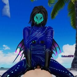 1boy1girl 3d athletic_female beach big_nipples blender blue_skin breasts cowgirl_position fortnite fortnite:_battle_royale gakuransfw glowing_skin human human_penetrating light-skinned_male mariana_(fortnite) monster_girl riding riding_penis unseen_male_face