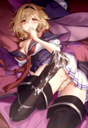 aki663 ass bangs bare_shoulders black_thighhighs blonde_hair blush breasts cleavage cum djeeta_(granblue_fantasy) female granblue_fantasy hairband hat large_breasts looking_at_viewer orange_eyes panties short_hair solo thighhighs underwear white_panties witch_hat