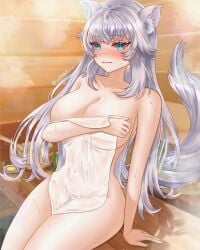 1girls big_breasts blue_eyes blush breasts female indie_virtual_youtuber light-skinned_female light_skin long_hair lumi_(merryweather) merryweather sauna silver_hair sitting smile solo sweat tagme towel virtual_youtuber wolf_ears wolf_girl wolf_tail wonni