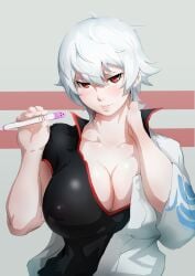 big_breasts canon_genderswap cleavage embarrassed female female_only genderswap_(mtf) ginko_sakata gintama gintoki_sakata kimono kunaboto looking_at_viewer nipple_bulge no_bra off_shoulder pale-skinned_female pale_skin popped_collar pregnancy_test red_eyes rule_63 short_hair silver_hair solo tomboy upper_body very_short_hair white_hair