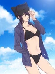 alternate_costume beach bikini black_bikini blush cap cat_ears cleavage cma dark_hair dutch_angle eye_patch female female_only genderswap_(mtf) gintama hair_over_one_eye hat hoodie looking_at_viewer purple_hair rule_63 short_hair small_breasts solo sweatshirt sweatshirt_and_bikini swimsuit takasugi_shinsuke teal_eyes tomboy