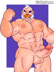 balls bara blue_background brawl_stars breasts dilf fur hairy hairy_arms hairy_male liukky male male_only penis sam_(brawl_stars) supercell white_hair