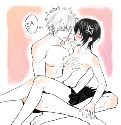 1boy 1girls anger_vein angry black_hair blush breast_grab closed_eyes cma embarrassed female genderswap_(mtf) gintama gintoki_sakata hand_on_breast looking_at_another male red_eyes restricted_palette rule_63 short_hair sitting_on_lap sitting_on_person small_breasts sweatdrop takasugi_shinsuke topless topless_female topless_male white_hair