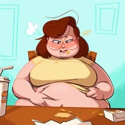 1girls belly big_belly big_breasts bloated_belly bra burp burping drink fat fat_woman female female_only food fries gassy glasses gollygeo obese obese_female overeating overweight overweight_female ripped_clothing solo straw sweat sweating