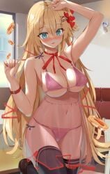 absurdres akai_haato arm_up bangs bikini black_thighhighs blonde_hair blue_eyes breasts cleavage coin female fujiko_(emnprmn) heart highres hololive hololive_gen_1 hololive_japan indoors large_breasts navel pink_bikini pubic_hair revealing_clothes ribbon ribbon-trimmed_skirt ribbon_trim see-through solo swimsuit thighhighs virtual_youtuber