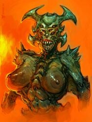 anthro bone breasts deity demon eldritch_horror fantasy female horn humanoid lipless multi_eye neurodyne nightmare_waifu nipples painting_(artwork) sharp_teeth solo teeth unknown_species