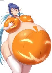 1girls belly big_belly big_breasts blue_hair breasts female halloween huge_belly huge_breasts hyper_pregnancy internettumor997 jack-o'-lantern judith nipples pregnant pumpkin_belly pumpkin_boobs tales_of_(series) tales_of_vesperia