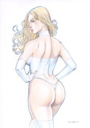 blonde_hair blue_eyes dat_ass emma_frost hands_on_hips hellfire_club lingerie looking_at_viewer looking_back marc_holanda marvel marvel_comics thong white_queen x-men