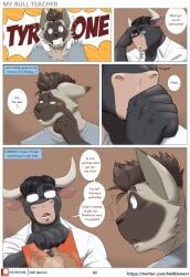 2boys anthro bull clothed clothing comic comic_page dialogue english english_text feline fur furry gay horns humanoid male male/male male_only mammal nelldemon nervous original_character student tagme teacher teacher_and_student