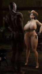 1boy 1girls 3d areolae bald bare_shoulders black_gloves brick_render cowboy_hat cowgirl cowgirl_hat cowgirl_outfit crisis_core_final_fantasy_vii curvaceous curves curvy dark-skinned_male erect_nipples female final_fantasy final_fantasy_vii hat highres huge_breasts human imminent_sex indoors interracial large_breasts male muscular_male nude square_enix straight tifa_lockhart wooden_floor