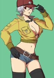 alternate_costume baseball_cap big_breasts black_gloves black_legwear black_thighhighs bra canon_genderswap cindy_aurum_(cosplay) cleavage crop_top cropped_jacket female female_only fully_clothed genderswap_(mtf) ginko_sakata gintama gintoki_sakata gloves goggles_around_neck hand_on_hip jacket panties red_eyes revealing_clothes rule_63 shin_iida short_hair short_shorts shorts silver_hair solo thighhighs very_short_hair zettai_ryouiki