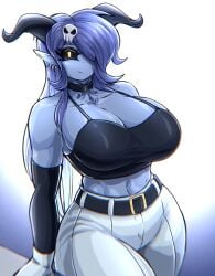 belt big_breasts blue_hair blue_skin breasts choker cleavage demon demon_girl demon_horns demon_valora earrings female gloves gradient_hair hair_ornament hair_over_one_eye large_breasts long_gloves long_hair neck_tattoo pointy_ears shirt tagme tattoo thick_thighs toned_female valora_(daemondoodles) white_pants wide_hips yellow_eyes zzzhodazzz