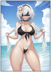 1girls aelion_draws black_blindfold blindfold breasts clothed_female curvaceous curvy curvy_female female light-skinned_female light_skin looking_at_viewer nier nier:_automata short_hair smiling smiling_at_viewer solo solo_female swimsuit thighs voluptuous white_hair yorha_2b