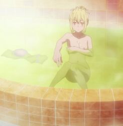 aiz_wallenstein bath bathing bathroom blonde_hair blush breasts covered_nipples covering covering_breasts dimples_of_venus dungeon_ni_deai_wo_motomeru_no_wa_machigatteiru_darou_ka female highres long_hair nipples non-web_source nude nude_filter sitting third-party_edit towel yellow_eyes