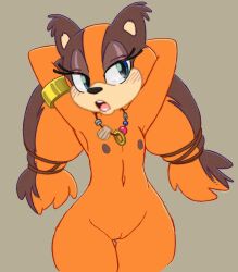 anthro badger big-e6 blue_eyes blush clothed clothing edit female flat_chested fur hands_behind_head hi_res jewelry mammal midriff mustelid musteline navel necklace open_mouth orange_body orange_fur sega simple_background skimpy solo sonic_(series) sonic_boom sonic_the_hedgehog_(series) sticks_the_badger sticks_the_jungle_badger