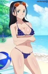 atomicart_24 beach bikini black_hair blue_eyes female female_only glasses looking_at_viewer nico_robin one_piece pose