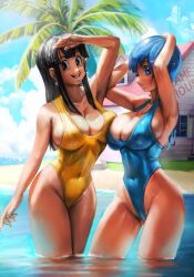 2girls 2milfs armpits arms_up asymmetrical_docking big_breasts black_hair blue_hair breast_press breasts bulma_briefs chichi clothing cloud dragon_ball dragon_ball_z elitenappa female female_only human kame_house looking_at_viewer milf milfs ocean one-piece_swimsuit outdoors outside sky smile sun swimsuit thick_thighs tree wide_hips