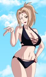 1girls alternate_version_available big_breasts big_lips bikini bikini_bottom bikini_top black_bikini blonde_hair breasts brown_eyes cleavage clothing edit female female_only forehead_jewel hair hand_on_hip huge_breasts krazykamikaze44 lips lipstick mature mature_female mature_woman milf nail_polish nails naruto naruto_(series) one_eye_closed ponytail red_lips red_lipstick red_nail_polish red_nails solo solo_female swimsuit swimwear thick_lips thighs third-party_edit tsunade ultraeditsx wink winking