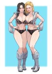 2girls android_18 big_breasts black_hair blonde_hair blue_eyes boots breasts cirenk dead_or_alive dragon_ball dragon_ball_z duo female female_focus female_only light-skinned_female light_skin multiple_girls shiny_skin standing thick_thighs tina_armstrong_(cosplay) videl